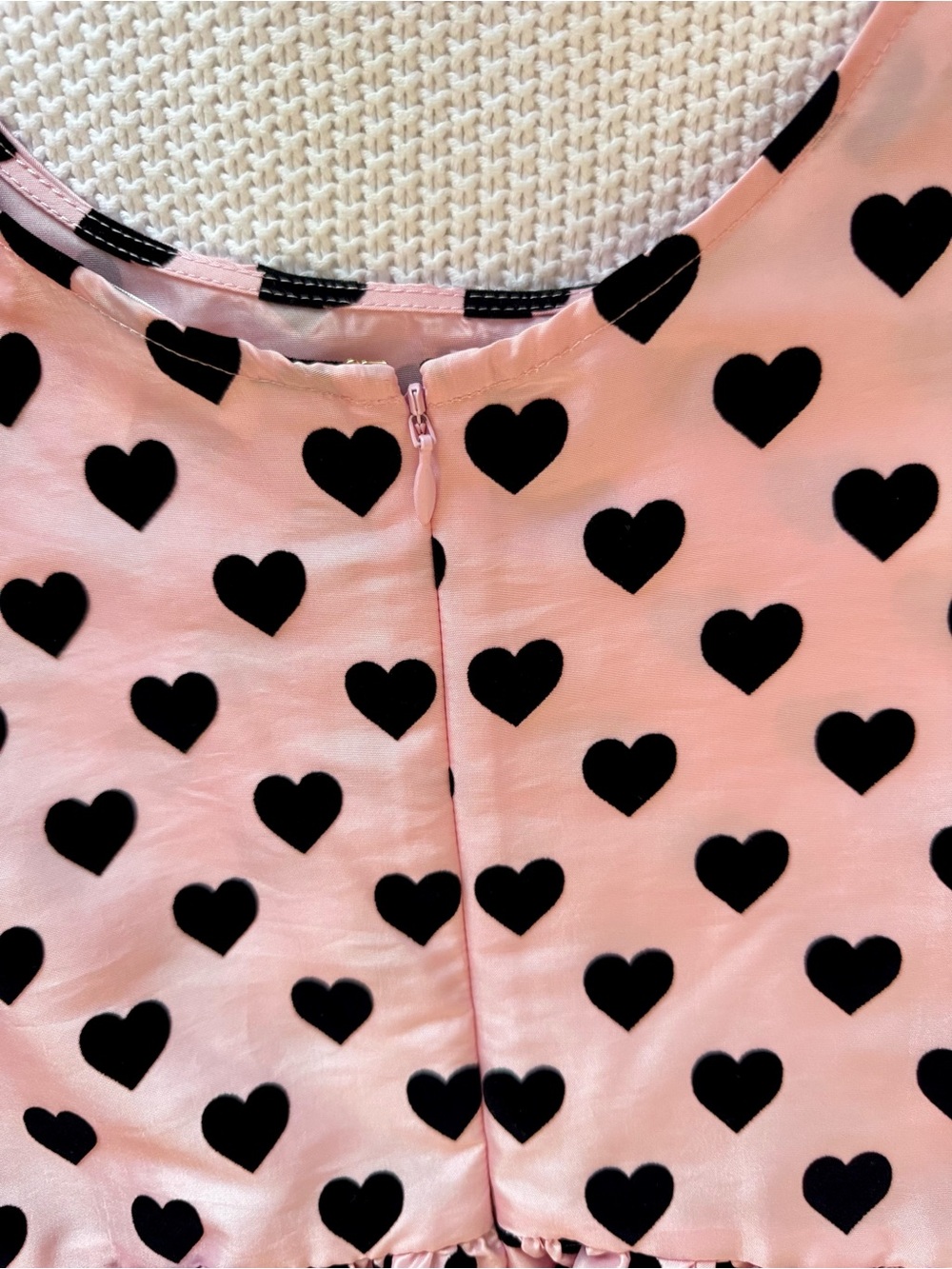 LOVESHACKFANCY Pink Taffeta & Black Velvet Heart Peplum Top Puff Sleeve Blouse - Picture 12 of 16